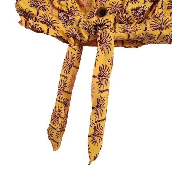 Urban Outfitters Crop Top Small Yellow Palm Tree Tie‎ Front Button-Up Blouse UO - Picture 2 of 9